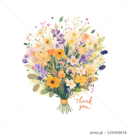 Colorful flower bouquet arrangement with heartfelt thank you message for any occasion 126498656
