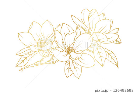 Golden magnolia flowers line art isolated on white background. Luxury magnolia floral design elements for invitation, wedding, wallpaper, print template, vector illustration Golden magnolia flowers line art isolated on white background. Luxury magnolia floral design elements for invitation, wedding, wallpaper, print template, vector illustration 126498698