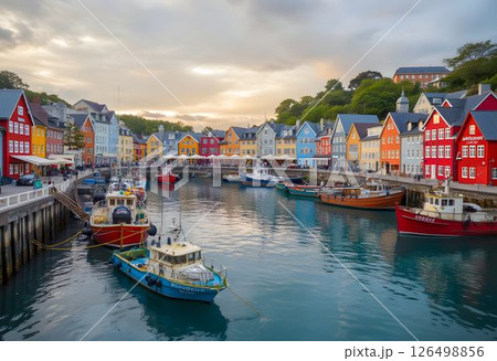 Colorful Waterfront with Fishing Boats Scene 126498856