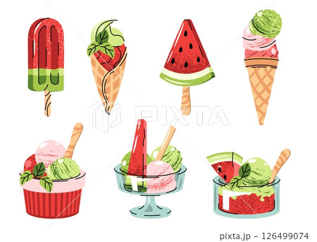 Watermelon Ice Cream Illustration Set with Popsicle, Waffle Cone and Sorbet in Bowl Flat Design on White Background. Perfect for food logos, stickers, packaging design, cafe branding, menu labels Watermelon Ice Cream Illustration Set with Popsicle, Waffle Cone and Sorbet in Bowl Flat Design on White Background. Perfect for food logos, stickers, packaging design, cafe branding, menu labels 126499074