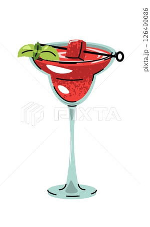 Watermelon drink in glass with ice, mint leaves and fruit, flat design vector illustration on white. Refreshing summer beverage, cold fruity cocktail. Perfect for menu, bar branding, social media 126499086