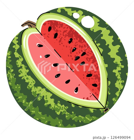 Watermelon with missing slice isolated on white. Flat design illustration of juicy fruit with cut-out piece. Perfect for logo, sticker, food packaging, summer branding, healthy lifestyle product Watermelon with missing slice isolated on white. Flat design illustration of juicy fruit with cut-out piece. Perfect for logo, sticker, food packaging, summer branding, healthy lifestyle product 126499094