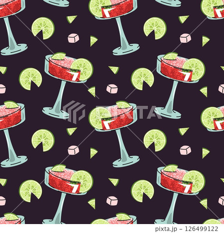 Watermelon Cocktail Seamless Pattern with Lime Slice and Crushed Ice in Flat Design for Summer Graphics Beverage Packaging Backgrounds and Drink Themed Visuals Watermelon Cocktail Seamless Pattern with Lime Slice and Crushed Ice in Flat Design for Summer Graphics Beverage Packaging Backgrounds and Drink Themed Visuals 126499122