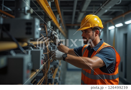 Electrician working with wiring in industrial control panel 126499239