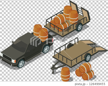 Isometric pickup truck with attached trailer carrying barrels Isometric pickup truck with attached trailer carrying barrels 126499455