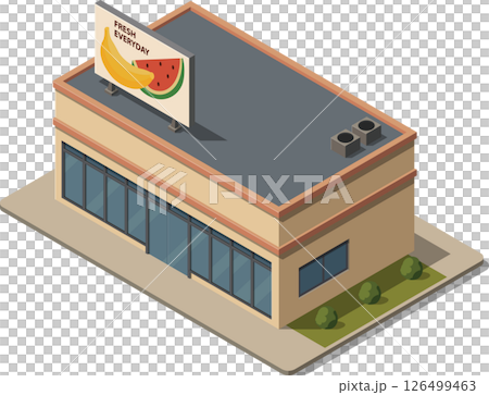 Isometric supermarket with sign on roof 126499463