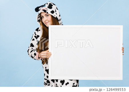 Funny girl with blank empty banner board. Funny girl with blank empty banner board. 126499553