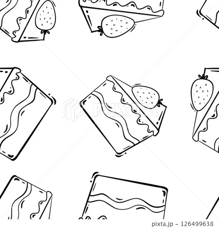 Pattern with cakes. Hand drawn pattern of pie slice  decorated with strawberry. Vector  illustration 126499638