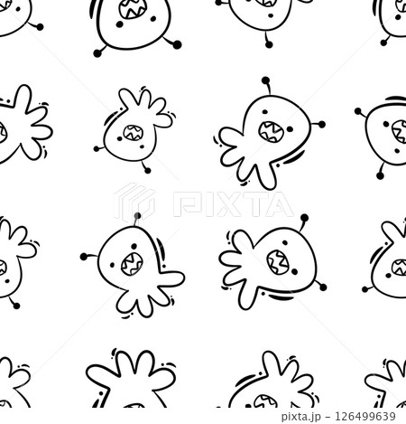 Seamless childish pattern with cute aliens. Hand drawn doodle style. Alien pattern, kids pattern in doodle hand drawn style. 126499639