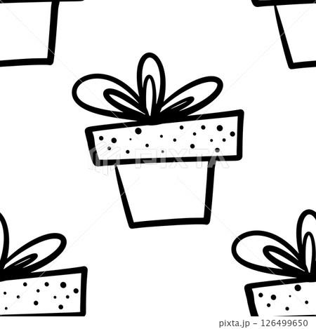 Doodle seamless pattern different Christmas, birthday gifts. Wrapping paper pattern. Hand drawn Doodle Christmas, New Year or Birthday gift boxes. Vector illustration.  126499650