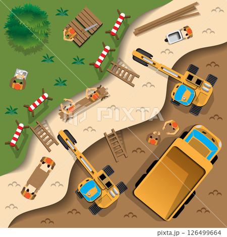 Work at the quarry. View from above. Vector illustration. 126499664