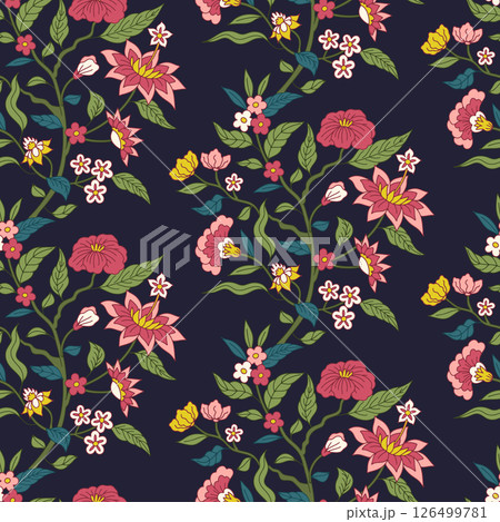 Seamless pattern with colorful jacobean hand drawn flowers on black background Seamless pattern with colorful jacobean hand drawn flowers on black background 126499781