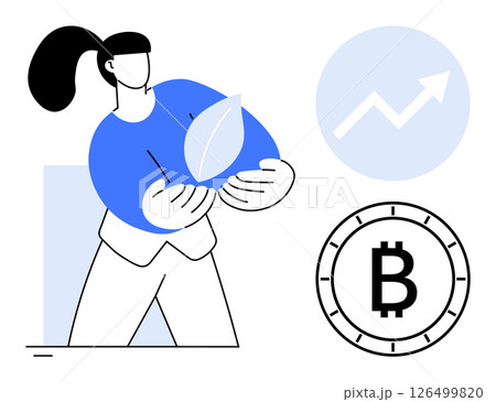 Person holding a leaf, indicating sustainability, with Bitcoin symbol and upward arrow graph nearby. Ideal for sustainability, cryptocurrency, finance, investment, growth, eco-friendly, technology 126499820