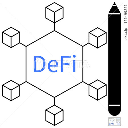 Hexagon with DeFi text in center, connected to six cubes by lines, pencil, and small graph icon. Ideal for finance, cryptocurrency, blockchain, technology, investment, innovation, strategy. Line 126499821