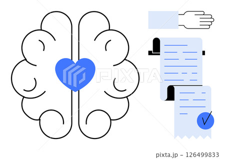 Blue heart in brain center underscores mind-heart connection, document with checkmark signifies validation or certification. Ideal for mental health, emotional intelligence, psychological 126499833