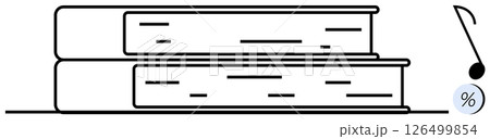 Two stacked books accompanied by a musical note and percentage symbol. Ideal for education, music, literature, learning, study, academic achievements, creative arts. Line metaphor Two stacked books accompanied by a musical note and percentage symbol. Ideal for education, music, literature, learning, study, academic achievements, creative arts. Line metaphor 126499854