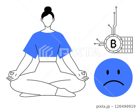 A person is meditating, symbolizing calmness. Nearby are a Bitcoin logo with circuit lines and a sad face. Ideal for digital finance, mental well-being, cryptocurrency, stress management, modern A person is meditating, symbolizing calmness. Nearby are a Bitcoin logo with circuit lines and a sad face. Ideal for digital finance, mental well-being, cryptocurrency, stress management, modern 126499919