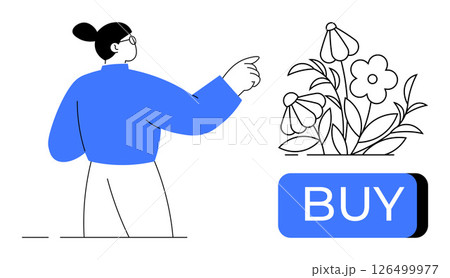 Person pointing towards blooming flowers next to a prominent BUY button. Ideal for e-commerce, shopping, online sales, gardening products, plant stores, digital purchases, modern retail. Line Person pointing towards blooming flowers next to a prominent BUY button. Ideal for e-commerce, shopping, online sales, gardening products, plant stores, digital purchases, modern retail. Line 126499977