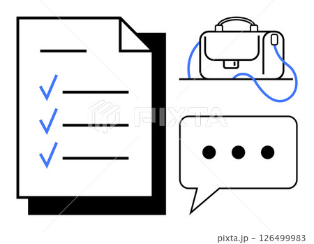 Document with checkmarks, briefcase, and speech bubble with ellipsis. Ideal for productivity, organization, office tasks, communication, business, planning, and messaging concepts. Line metaphor 126499983