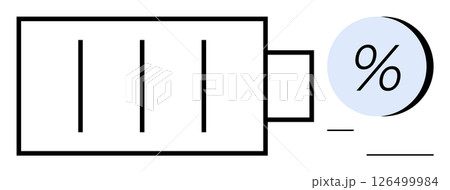 Battery icon indicating full charge beside a percentage symbol. Ideal for technology, energy, power management, devices, efficiency, sustainability, charging status. Line metaphor 126499984