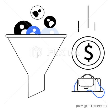 Funnel filled with avatars converts to dollar sign beside briefcase. Ideal for marketing, sales, conversion, business success, finance, profit growth, customer acquisition. Line metaphor 126499985
