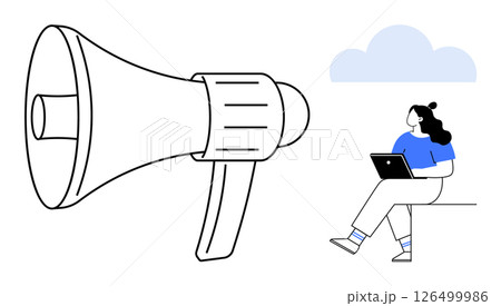 Woman sitting with laptop beside large megaphone symbolizing communication. Ideal for marketing, social media, remote work, online learning, announcements, digital engagement, public speaking. Line 126499986