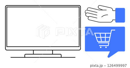 Computer monitor, hand gesturing, blue chat bubble with cart icon. Ideal for ecommerce, online shopping, digital marketing, retail promotion, customer service, commerce technology. Line metaphor 126499997