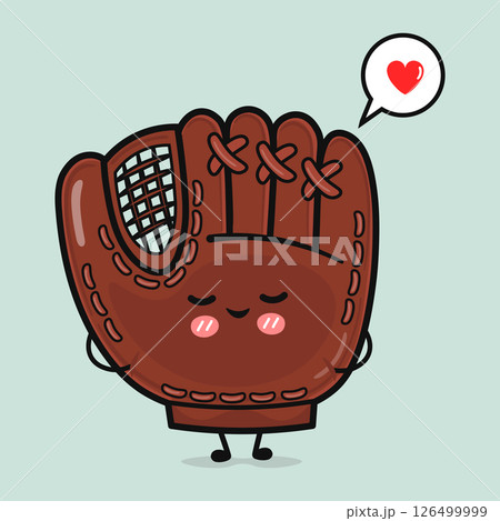 An adorable cartoon Baseball Mitt expressing love with a heart in a thought bubble on a light blue background. 126499999