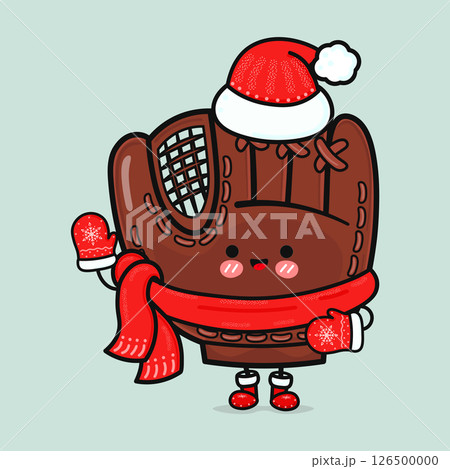 An adorable Baseball Glove dressed in a santa hat and scarf, celebrating the winter holidays. 126500000