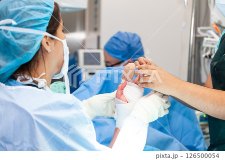 Hand surgery. Traumatology and orthopedics concept. Female doctor performing a surgery. Orthopedic surgeon. Surgery and insurance concept. Hand surgery. Traumatology and orthopedics concept. Female doctor performing a surgery. Orthopedic surgeon. Surgery and insurance concept. 126500054