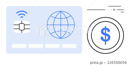 Contactless smart card with chip and world icon, adjacent to a dollar symbol encircled. Ideal for financial services, digital payments, online shopping, banking, fintech solutions, global 126500056