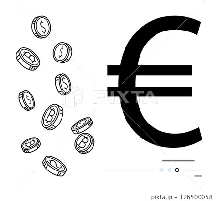 Large black Euro symbol beside falling bitcoin coins in outline style. Ideal for finance, investment, currency exchange, crypto markets, banking, economic discussions, digital finance. Line metaphor Large black Euro symbol beside falling bitcoin coins in outline style. Ideal for finance, investment, currency exchange, crypto markets, banking, economic discussions, digital finance. Line metaphor 126500058