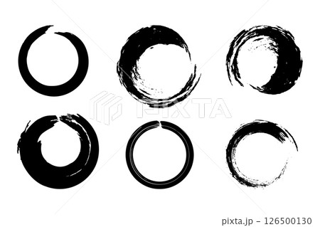 Set of hand-drawn circle ink strokes showcasing the Zen enso, a Buddhist symbol. Features rough circular frames and grainy textures. 126500130