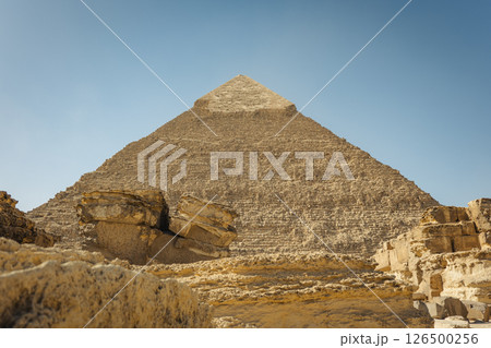 View of Great Giza Pyramids and great Sphinx in the desert Sahara View of Great Giza Pyramids and great Sphinx in the desert Sahara 126500256