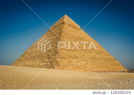 View of Great Giza Pyramids and great Sphinx in the desert Sahara View of Great Giza Pyramids and great Sphinx in the desert Sahara 126500259
