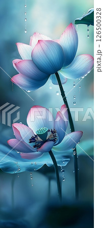 Lotus Blossoms Dripping with Dew in Dreamy Tranquility 126500328