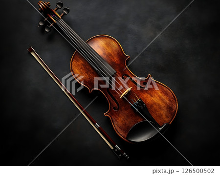 Classic Wooden Violin with Bow on Dark Textured Background 126500502