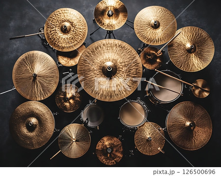 Golden Cymbals and Drum Set Viewed from Top Perspective 126500696
