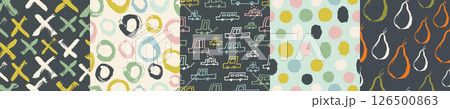 Naive kids seamless pattern pack with pears, cross, dots, cars. Naive kids seamless pattern pack with pears, cross, dots, cars. 126500863