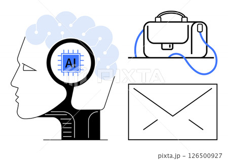 Profile of human head with AI microchip in brain, business briefcase, and envelope symbolizing connectivity. Ideal for AI tech, business, innovation, communication, intelligence, future of work 126500927