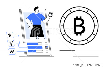 Person on smartphone screen tracking exercise activities with a checklist, connected to a large Bitcoin symbol. Ideal for health apps, cryptocurrency, financial technology, personal finance, exercise Person on smartphone screen tracking exercise activities with a checklist, connected to a large Bitcoin symbol. Ideal for health apps, cryptocurrency, financial technology, personal finance, exercise 126500928