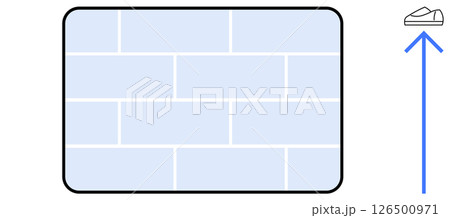 Rectangular brick wall with light blue bricks. Blue arrow points upward towards shoe icon. Ideal for motivation, goal setting, progress, growth, achievement, overcoming obstacles, career. Line 126500971