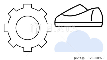 Gear, shoe, and cloud icons represent technology, footwear, and environment. Ideal for business processes, manufacturing, sports, weather forecasting, cloud computing, eco-friendly initiatives 126500972