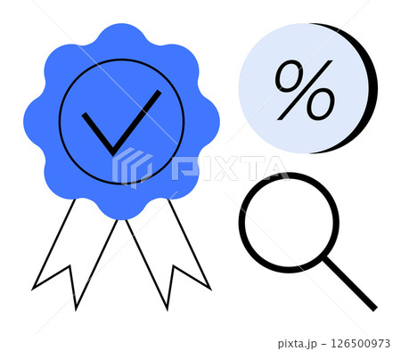 Blue certification badge with check mark, percentage symbol, and magnifying glass. Ideal for quality certification, discounts, analytics, inspections, evaluation, research, education. Line metaphor 126500973
