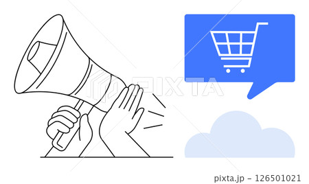Hands holding a megaphone with a blue speech bubble displaying a shopping cart icon above a cloud. Ideal for advertising, marketing, promotions, e-commerce, sales, online shopping, announcements 126501021