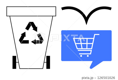 Recycling bin with recycling symbol next to blue shopping cart icon in speech bubble, black arrows above suggesting circular economy. Ideal for sustainability, eco-friendly shopping, consumer Recycling bin with recycling symbol next to blue shopping cart icon in speech bubble, black arrows above suggesting circular economy. Ideal for sustainability, eco-friendly shopping, consumer 126501026