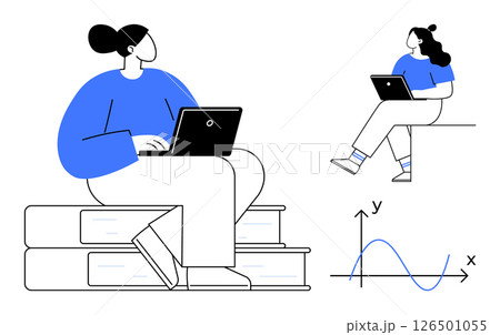 Individuals working on laptops while sitting on books and chairs, indicating study and analysis. Ideal for education, remote work, productivity, e-learning, research, technology, data analysis. Line Individuals working on laptops while sitting on books and chairs, indicating study and analysis. Ideal for education, remote work, productivity, e-learning, research, technology, data analysis. Line 126501055
