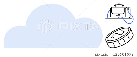 Large blue cloud with linked briefcase and coin icons. Ideal for data storage, cloud computing, security, finance, business, technology, connectivity, and innovation. Line metaphor 126501078