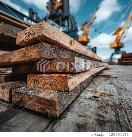 Wooden planks stacked on a dock with industrial cranes in the background on a sunny day. 126501125