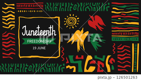 Juneteenth celebration horizontal banner template. Abstract background with ethnic ornament and bird of freedom. curved drawn stripes. African-American Independence Day. Vector doodle illustration. 126501263